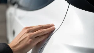 Checking Tesla panel gap alignment during delivery inspection