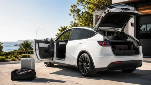 Modern coastal driveway with Tesla Model Y