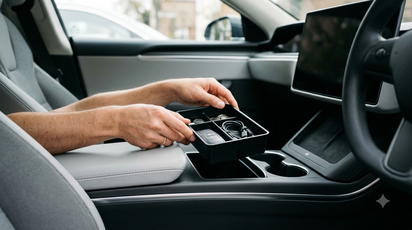 New Tesla Model Y owner organising storage accessories